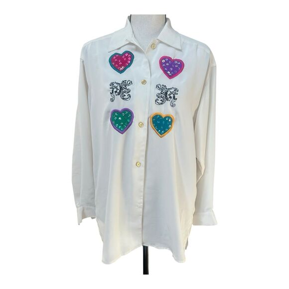 Vintage 80s 90s Chaus White Sequin Heart Appliqué Button Shirt Blouse M/L - Picture 1 of 7